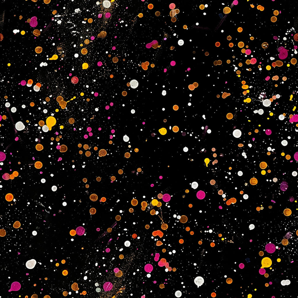 glitter paint splatter, black background, colorful dots, orange circles, pink spots, yellow droplets, white specks, brown splatters, magenta drops, golden accents, scattered pattern, abstract design, modern art style, painterly effect,, fabric panel, contemporary pattern, artistic splashes, random placement, vibrant colors