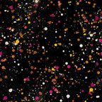 glitter paint splatter, black background, colorful dots, orange circles, pink spots, yellow droplets, white specks, brown splatters, magenta drops, golden accents, scattered pattern, abstract design, modern art style, painterly effect,, fabric panel, contemporary pattern, artistic splashes, random placement, vibrant colors