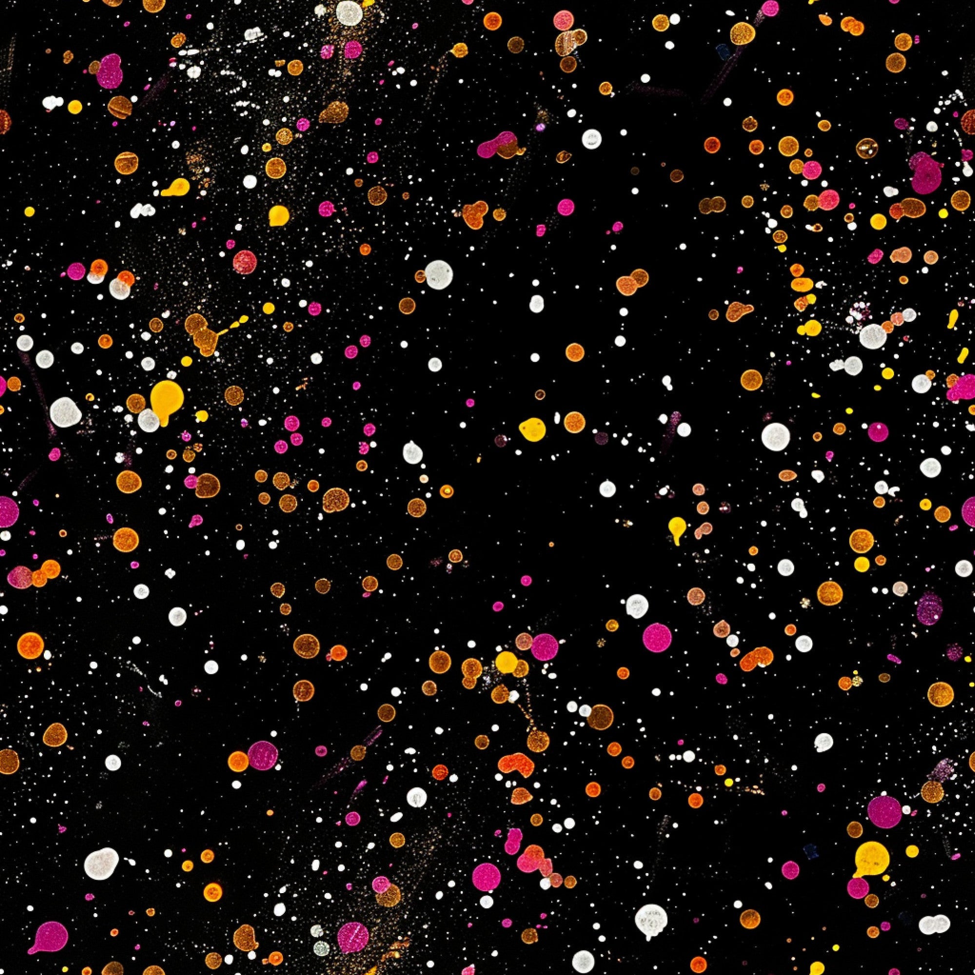 glitter paint splatter, black background, colorful dots, orange circles, pink spots, yellow droplets, white specks, brown splatters, magenta drops, golden accents, scattered pattern, abstract design, modern art style, painterly effect,, fabric panel, contemporary pattern, artistic splashes, random placement, vibrant colors