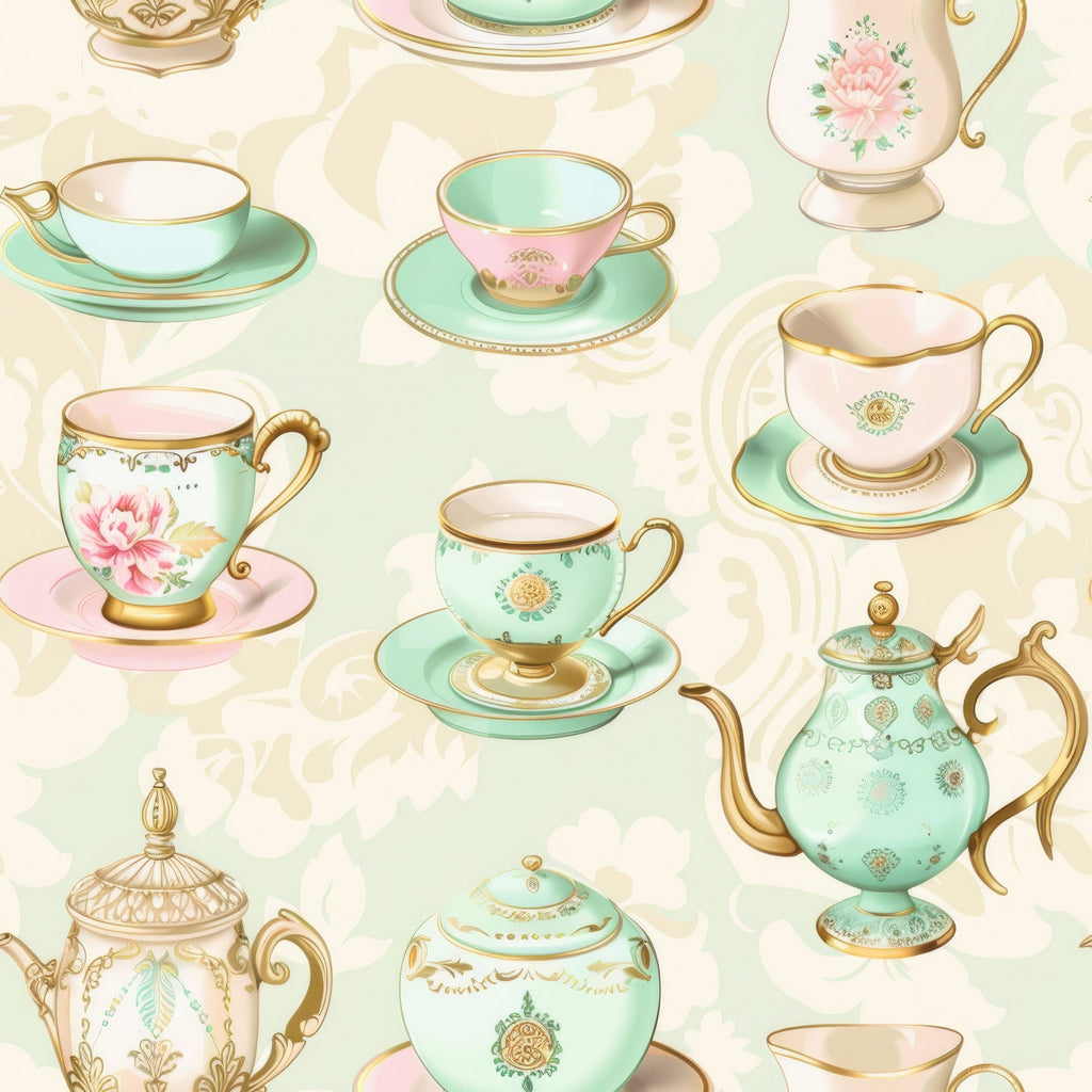 mint green, soft pink, gold accents, teacups, teapots, saucers, floral motifs, roses, vintage china, elegant pattern, pastel colors, tea party theme, ornate details,, fabric panel, whimsical design, delicate artwork, repeating pattern, cream background, antique style