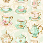 mint green, soft pink, gold accents, teacups, teapots, saucers, floral motifs, roses, vintage china, elegant pattern, pastel colors, tea party theme, ornate details,, fabric panel, whimsical design, delicate artwork, repeating pattern, cream background, antique style