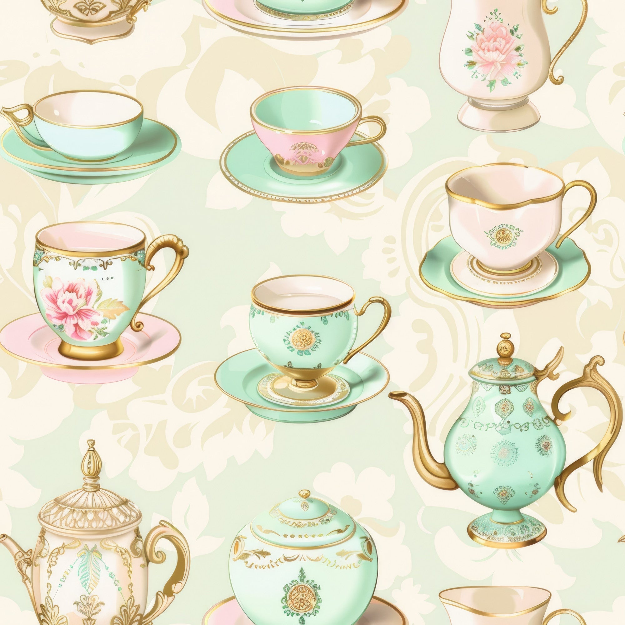 mint green, soft pink, gold accents, teacups, teapots, saucers, floral motifs, roses, vintage china, elegant pattern, pastel colors, tea party theme, ornate details,, fabric panel, whimsical design, delicate artwork, repeating pattern, cream background, antique style