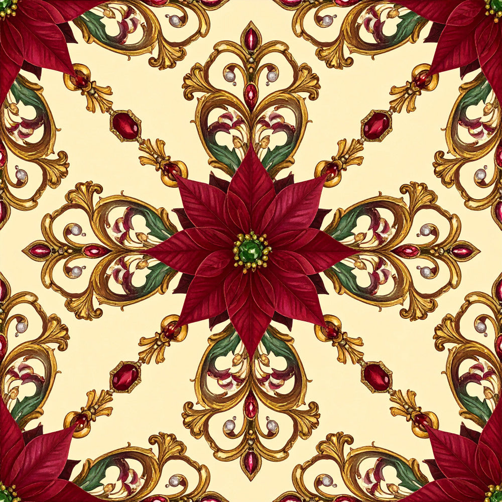 burgundy, deep red, gold, cream, ivory, beige, forest green, jewel tones, floral, damask, ornamental, baroque, victorian, elegant, luxurious, traditional, poinsettia, scrollwork, filigree, ornate, holiday, christmas, festive, vintage, botanical, sophisticated, formal, decorative, red flowers, golden accents