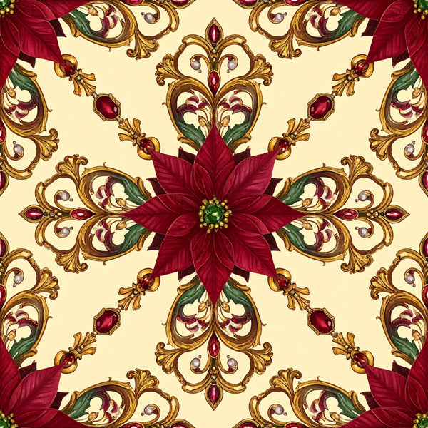 burgundy, deep red, gold, cream, ivory, beige, forest green, jewel tones, floral, damask, ornamental, baroque, victorian, elegant, luxurious, traditional, poinsettia, scrollwork, filigree, ornate, holiday, christmas, festive, vintage, botanical, sophisticated, formal, decorative, red flowers, golden accents