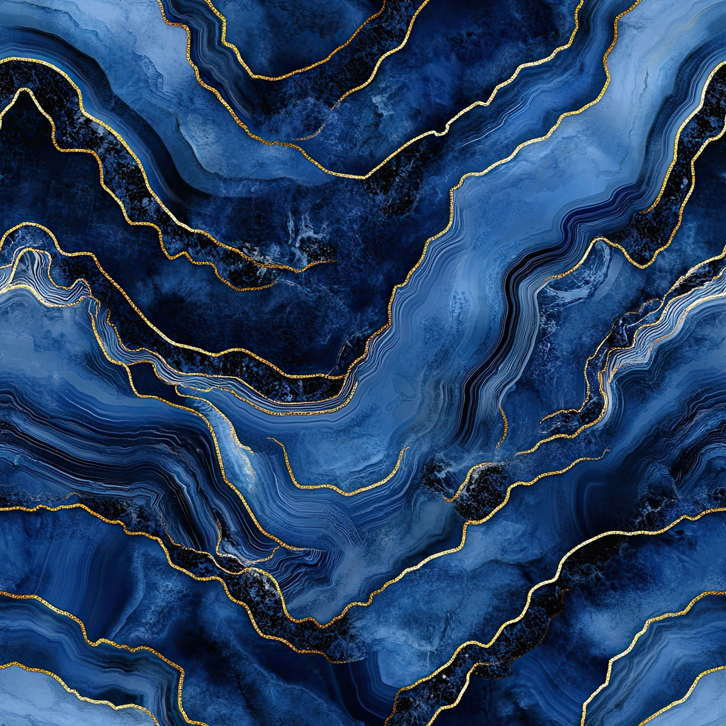 royal blue, navy blue, gold, metallic gold, agate pattern, marble pattern, swirled design, flowing lines, geode design, mineral pattern, abstract design, luxurious, elegant,, fabric panel, geological formation, layered texture, organic shapes, sophisticated, contemporary