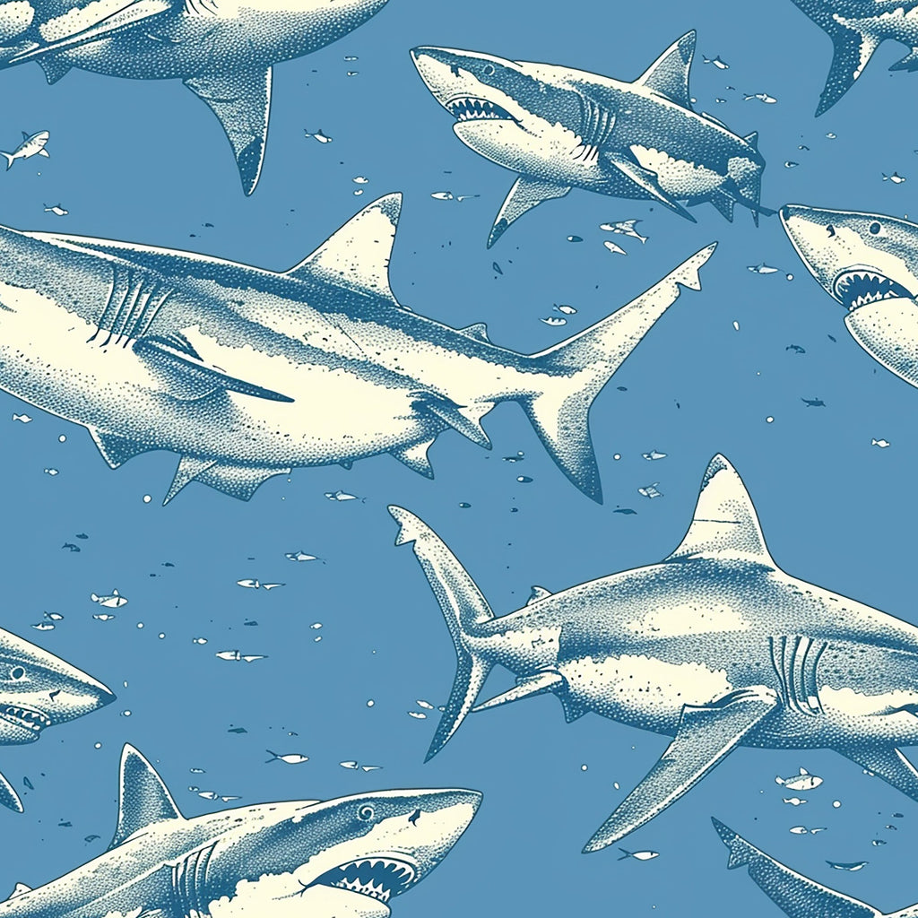 ocean blue, cream white, sharks, marine animals, swimming pattern, underwater scene, repeating design, nautical theme, sea life,, fabric panel, ocean creatures, blue background, stippled texture, swimming sharks, aquatic pattern, oceanic design, dotted shading, marine wildlife, coastal theme