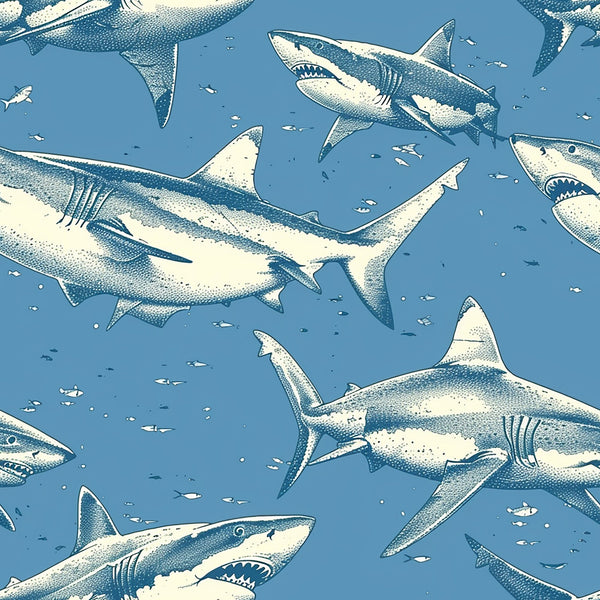 ocean blue, cream white, sharks, marine animals, swimming pattern, underwater scene, repeating design, nautical theme, sea life,, fabric panel, ocean creatures, blue background, stippled texture, swimming sharks, aquatic pattern, oceanic design, dotted shading, marine wildlife, coastal theme