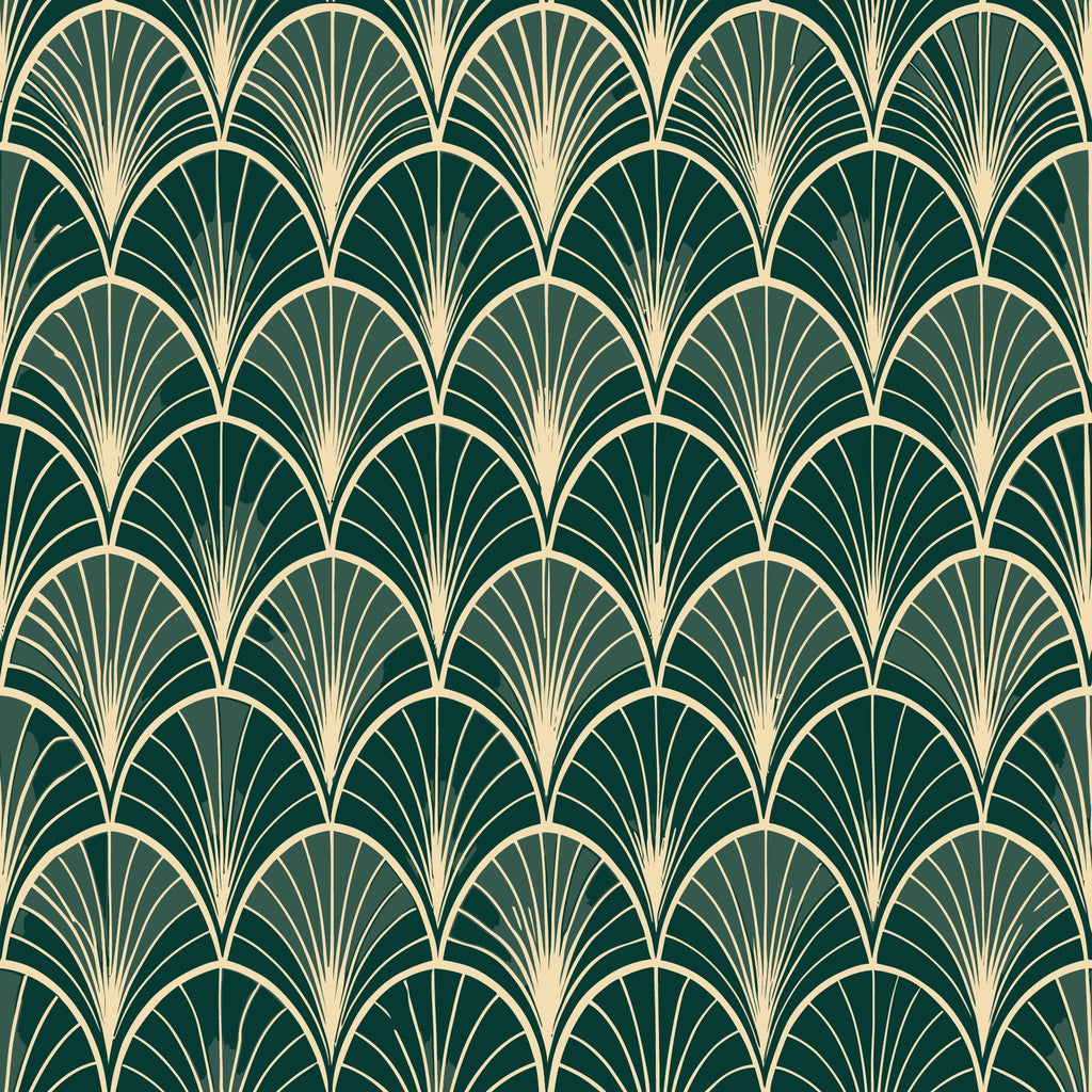 dark green, cream, gold, art deco, fan pattern, scalloped design, geometric motifs, repeating pattern, elegant curves, vintage style,, fabric panel, radiating lines, luxurious feel, sophisticated design, peacock fan motif, 1920s inspired, decorative elements, smooth curves, ornamental design