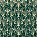 dark green, cream, gold, art deco, fan pattern, scalloped design, geometric motifs, repeating pattern, elegant curves, vintage style,, fabric panel, radiating lines, luxurious feel, sophisticated design, peacock fan motif, 1920s inspired, decorative elements, smooth curves, ornamental design