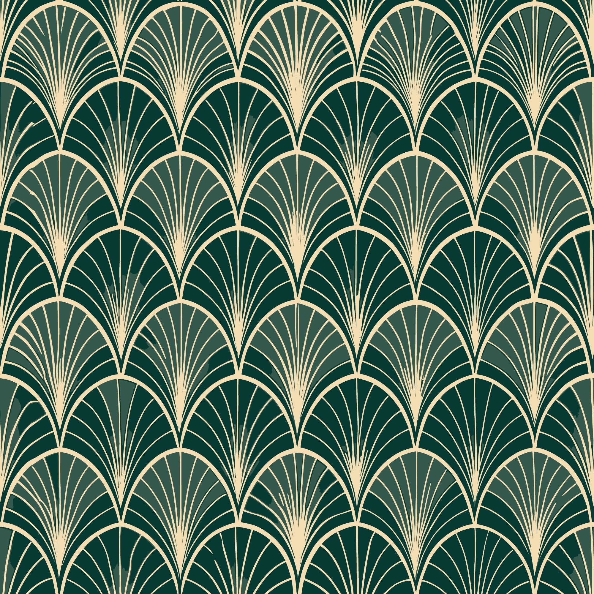 dark green, cream, gold, art deco, fan pattern, scalloped design, geometric motifs, repeating pattern, elegant curves, vintage style,, fabric panel, radiating lines, luxurious feel, sophisticated design, peacock fan motif, 1920s inspired, decorative elements, smooth curves, ornamental design