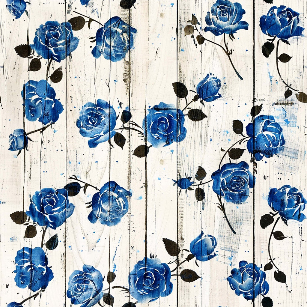 blue roses, vintage floral, distressed wood, weathered planks, botanical pattern, navy blue, white background, black leaves, rose blooms, farmhouse style, shabby chic,, fabric panel, floral motif, rustic texture, cottage core, country decor, painted roses, wooden boards, vintage aesthetic