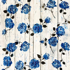 blue roses, vintage floral, distressed wood, weathered planks, botanical pattern, navy blue, white background, black leaves, rose blooms, farmhouse style, shabby chic,, fabric panel, floral motif, rustic texture, cottage core, country decor, painted roses, wooden boards, vintage aesthetic