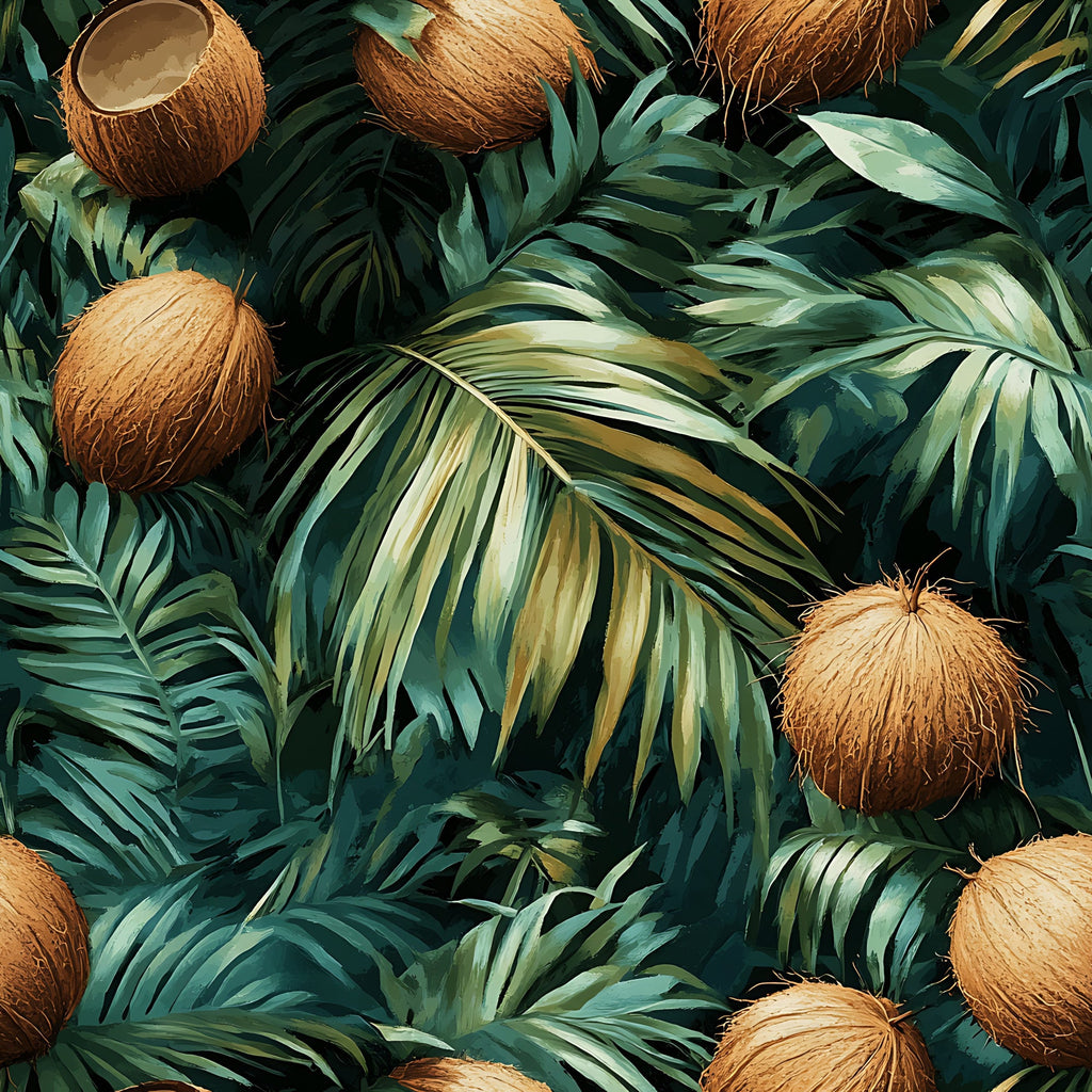 coconut jungle, tropical leaves, palm fronds, brown coconuts, forest green, emerald green, golden yellow, cream accents, botanical pattern, tropical foliage, lush vegetation, exotic plants, jungle scene, nature motif,, fabric panel, tropical paradise, rainforest design, organic shapes, layered leaves