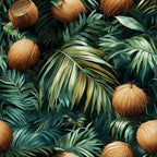 coconut jungle, tropical leaves, palm fronds, brown coconuts, forest green, emerald green, golden yellow, cream accents, botanical pattern, tropical foliage, lush vegetation, exotic plants, jungle scene, nature motif,, fabric panel, tropical paradise, rainforest design, organic shapes, layered leaves