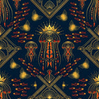 navy blue, gold, coral orange, red-orange, deep sea blue, jellyfish, fish, nautical, ocean, underwater, celestial, crown, sun motif, art deco, art nouveau, geometric, ornamental, elegant, luxurious, vintage, decorative, marine life, oceanic, stylized, intricate, symmetrical, whimsical, fantasy, magical, nursery