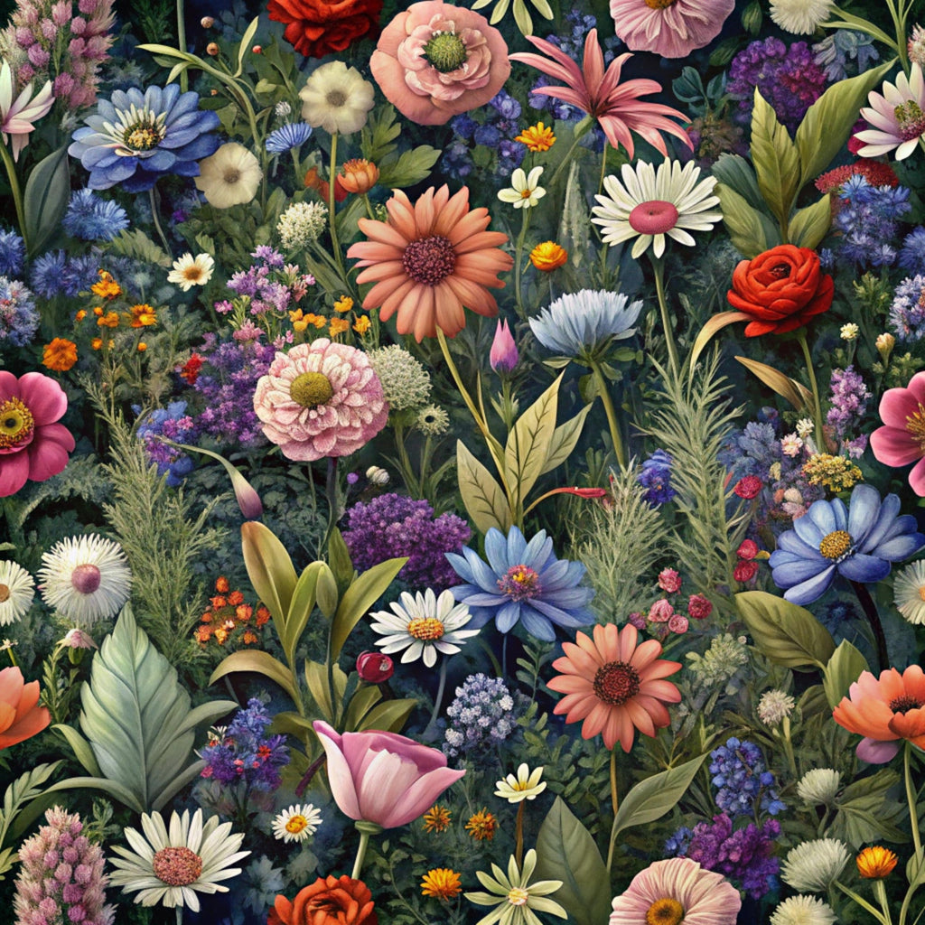 realistic flowers, botanical pattern, floral design,, fabric panel, wildflowers, garden blooms, multicolor florals, pink roses, blue daisies, purple blooms, orange marigolds, white flowers, green foliage, dense floral, nature motifs, spring flowers, summer garden, vibrant colors, detailed illustration