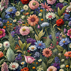 realistic flowers, botanical pattern, floral design,, fabric panel, wildflowers, garden blooms, multicolor florals, pink roses, blue daisies, purple blooms, orange marigolds, white flowers, green foliage, dense floral, nature motifs, spring flowers, summer garden, vibrant colors, detailed illustration