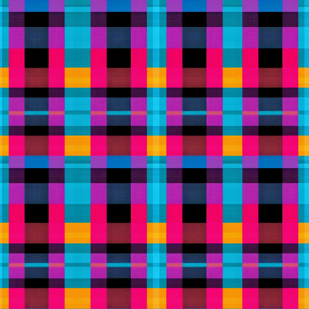 neon colors, bright pink, electric blue, vibrant purple, orange, black, gingham pattern, checkered design, plaid weave, geometric squares,, fabric panel, digital print, modern aesthetic, contemporary style, high contrast, saturated colors, grid pattern, woven effect, crafting material