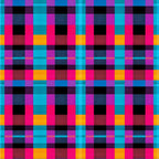 neon colors, bright pink, electric blue, vibrant purple, orange, black, gingham pattern, checkered design, plaid weave, geometric squares,, fabric panel, digital print, modern aesthetic, contemporary style, high contrast, saturated colors, grid pattern, woven effect, crafting material