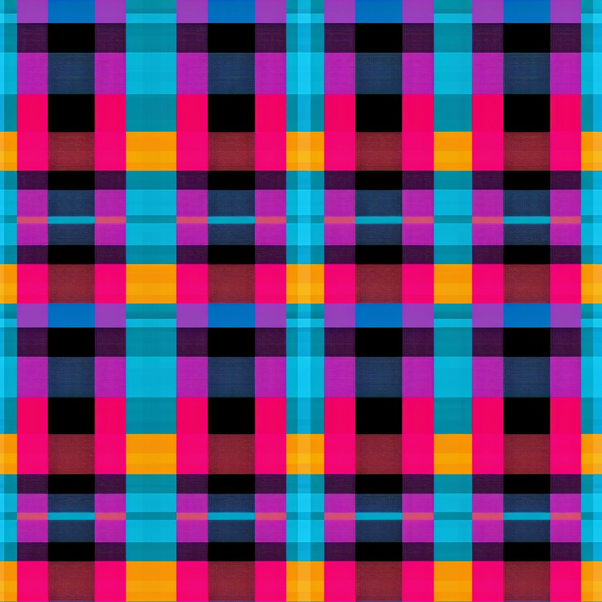 neon colors, bright pink, electric blue, vibrant purple, orange, black, gingham pattern, checkered design, plaid weave, geometric squares,, fabric panel, digital print, modern aesthetic, contemporary style, high contrast, saturated colors, grid pattern, woven effect, crafting material