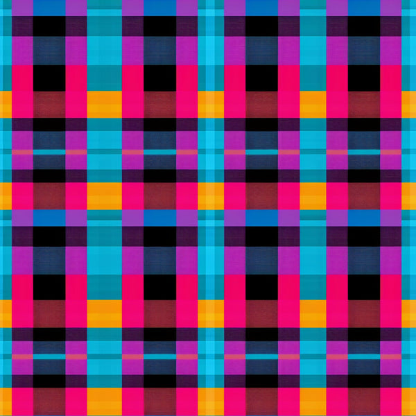 neon colors, bright pink, electric blue, vibrant purple, orange, black, gingham pattern, checkered design, plaid weave, geometric squares,, fabric panel, digital print, modern aesthetic, contemporary style, high contrast, saturated colors, grid pattern, woven effect, crafting material