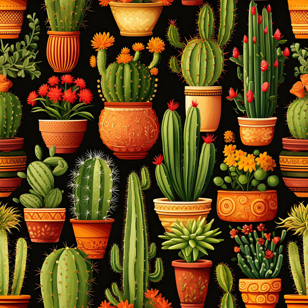 retro cactus pattern,, fabric panel, desert plants, succulent garden, terracotta pots, orange flowers, green cacti, black background, decorative pottery, southwestern style, botanical illustration, vintage aesthetic, spiky plants, blooming cacti, potted plants, desert flora, warm color palette, geometric pots, folk art style