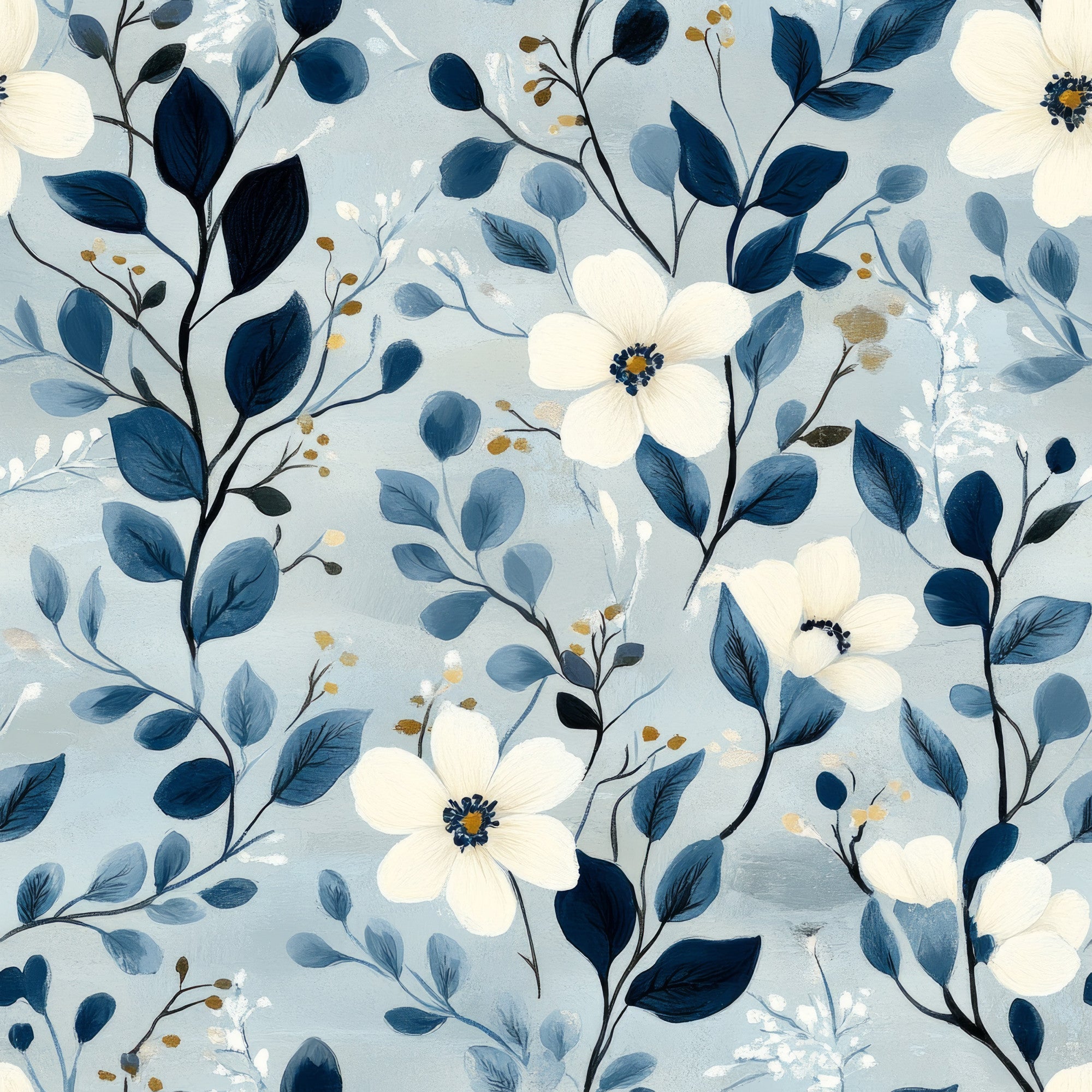 cornflower blue, white flowers, navy blue, botanical pattern, floral design, delicate blooms, leaves and stems, watercolor style, soft pastels,, fabric panel, nature motif, garden flowers, romantic florals, flowing branches, organic pattern, spring theme, feminine design, cottagecore aesthetic