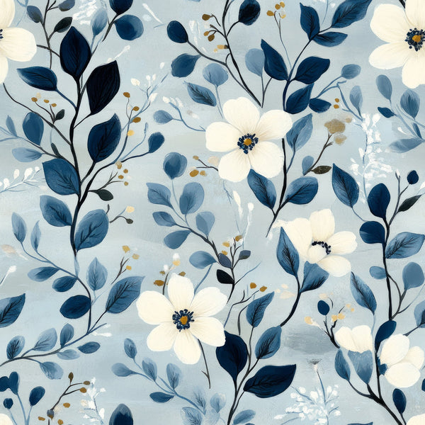 cornflower blue, white flowers, navy blue, botanical pattern, floral design, delicate blooms, leaves and stems, watercolor style, soft pastels,, fabric panel, nature motif, garden flowers, romantic florals, flowing branches, organic pattern, spring theme, feminine design, cottagecore aesthetic
