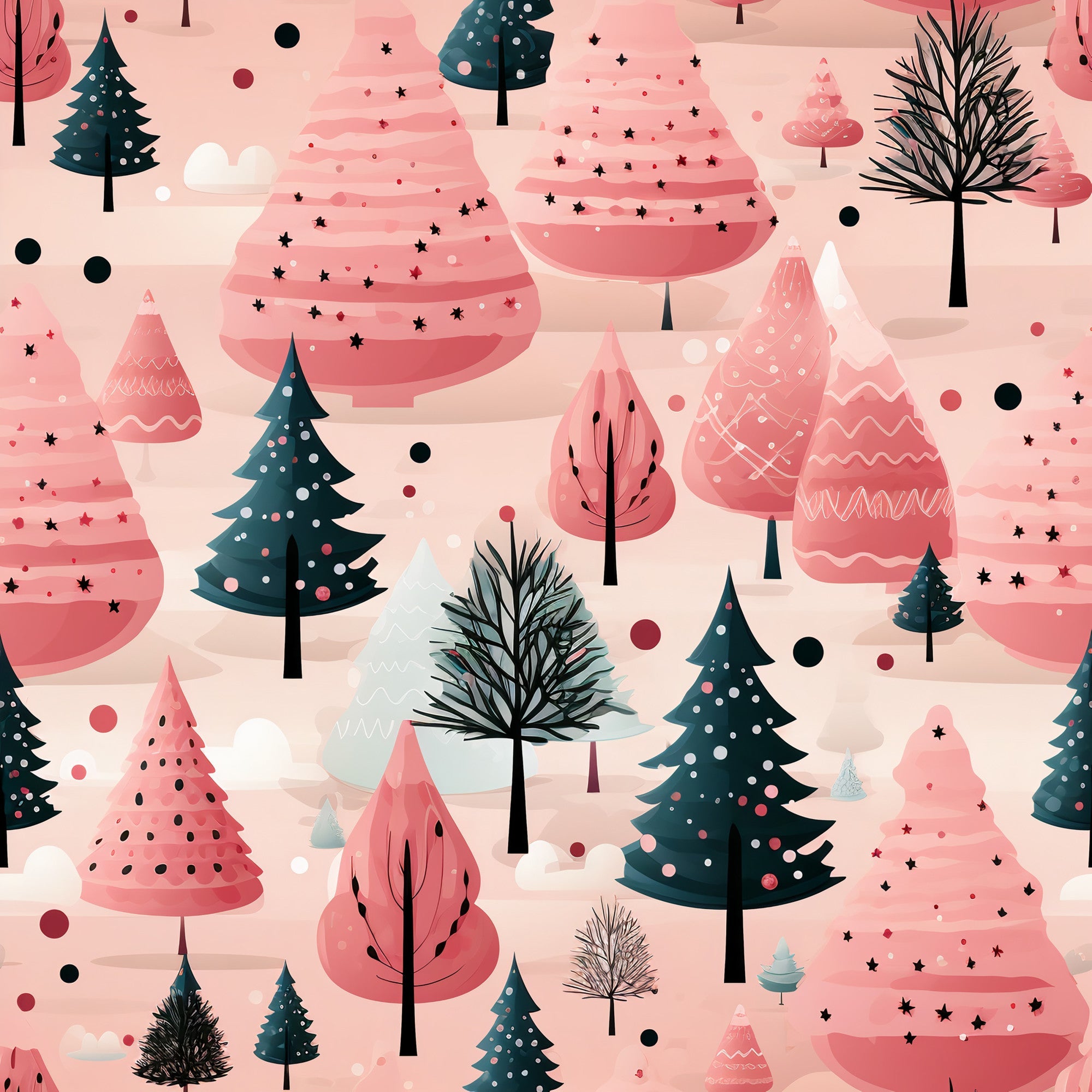 coral pink, teal green, cream beige, winter trees, christmas trees, evergreen pines, geometric mountains, star patterns, polka dots, whimsical illustration, modern art style,, fabric panel, holiday theme, winter wonderland, festive design, contemporary colors, nature motifs, seasonal pattern