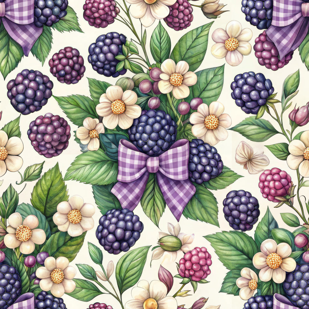 purple checkered bow, blackberry, raspberry, cream flowers, daisy floral, nature theme, botanical, whimsical, garden, cottage core, spring, summer, lavender purple, deep navy, sage green, gold centers, vintage botanical, floral pattern, gingham bow, berry picking, farmhouse, traditional, elegant, nature lover, nursery, kids room, playroom, spring garden, summer berries