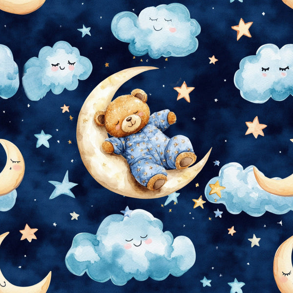 navy blue, teddy bear, crescent moon, fluffy clouds, golden stars, pajamas, sleepy bear, nighttime sky, baby nursery,, watercolor style, dreamy atmosphere, celestial theme, soft pastels, cream moon, starry night, sleeping clouds, whimsical illustration, infant bedding, cotton fabric panel