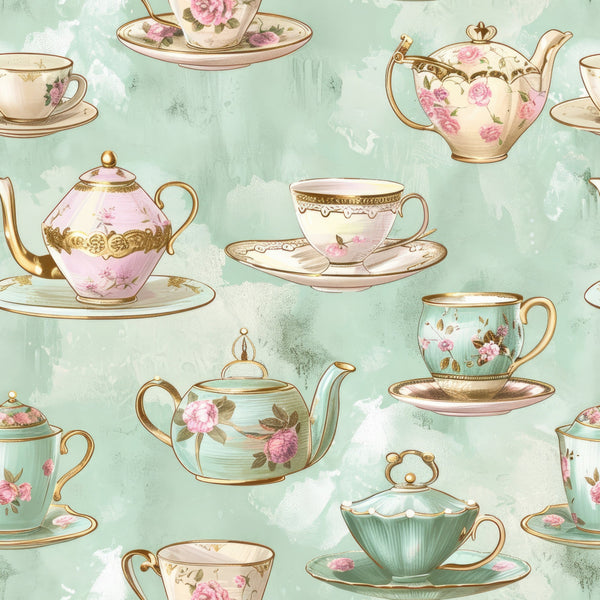 mint green, soft pink, gold accents, teacups, teapots, saucers, floral motifs, roses, vintage china, whimsical pattern, pastel palette, tea party theme,, fabric panel, delicate illustrations, elegant design, shabby chic, watercolor style, repeating pattern, craft fabric