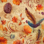autumn leaves, burnt orange, rust red, deep purple, cream, gold, vintage, whimsical, nature, birds, feathers, maple leaves, fall foliage, peacock, botanical, ornamental swirls, antique, elegant, artistic, decorative, woodland, seasonal, autumn, heritage print, classical design, ornate scrollwork, warm tones, steampunk aesthetic, victorian inspired