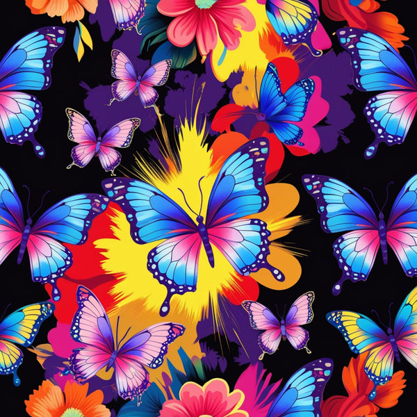 butterflies, vibrant colors, blue wings, pink wings, purple wings, yellow wings, tropical flowers, floral pattern, fantasy design, bright colors,, fabric panel, colorful butterflies, exotic blooms, whimsical style, nature motifs, summer theme, artistic illustration, decorative fabric, sewing material