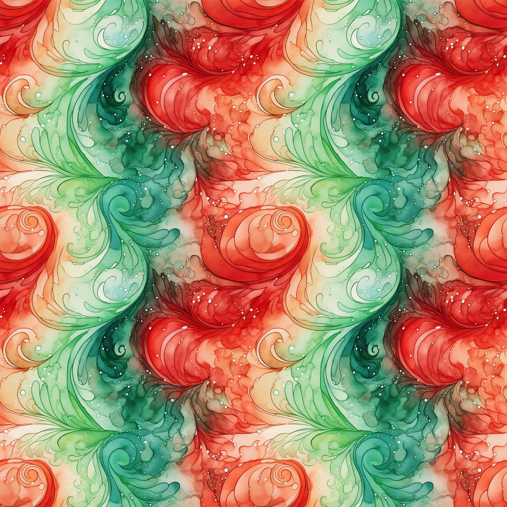 watercolor, christmas swirls, red, green, coral, teal, emerald, flowing patterns, organic swirls, festive design, holiday fabric,, seamless pattern, fluid motifs, winter colors, decorative swirls, soft watercolor effect, christmas themed, fabric panel, ornamental design