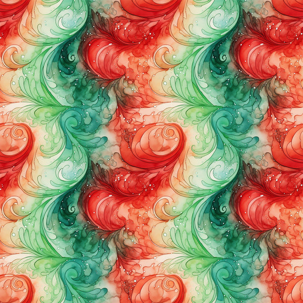 watercolor, christmas swirls, red, green, coral, teal, emerald, flowing patterns, organic swirls, festive design, holiday fabric,, seamless pattern, fluid motifs, winter colors, decorative swirls, soft watercolor effect, christmas themed, fabric panel, ornamental design
