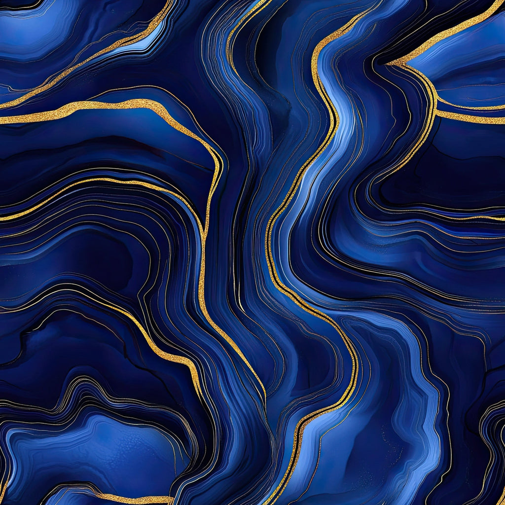 royal blue, navy blue, gold, metallic gold, agate pattern, marble pattern, swirling lines, flowing curves, organic shapes, geode design, mineral pattern, luxurious, elegant, contemporary art, abstract design,, fabric panel, dramatic, sophisticated, jewel tones