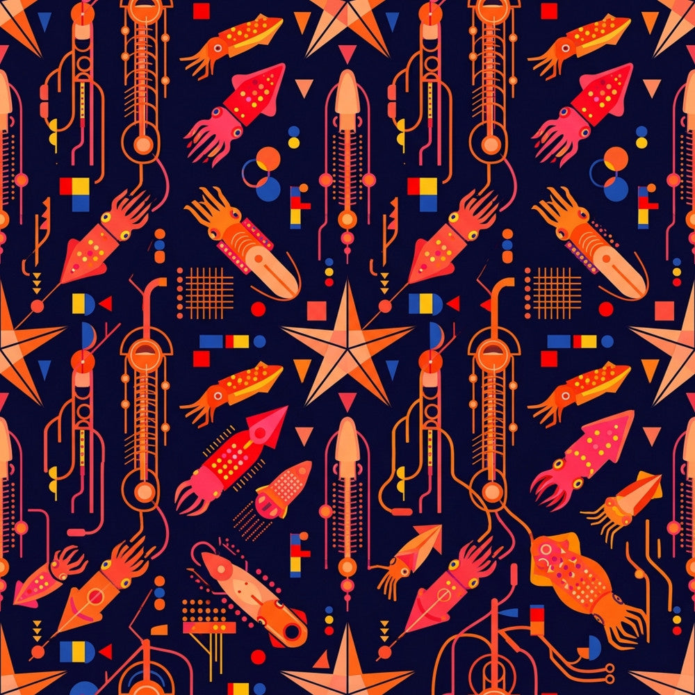 navy blue, coral, orange, red, yellow, geometric, space, retro, rockets, stars, celestial, futuristic, modern, whimsical, vibrant, bold, abstract, mid-century modern, sci-fi, planets, spaceships, playroom, kids room, nursery, adventure theme, outer space, colorful, dynamic, tech-inspired, vintage sci-fi