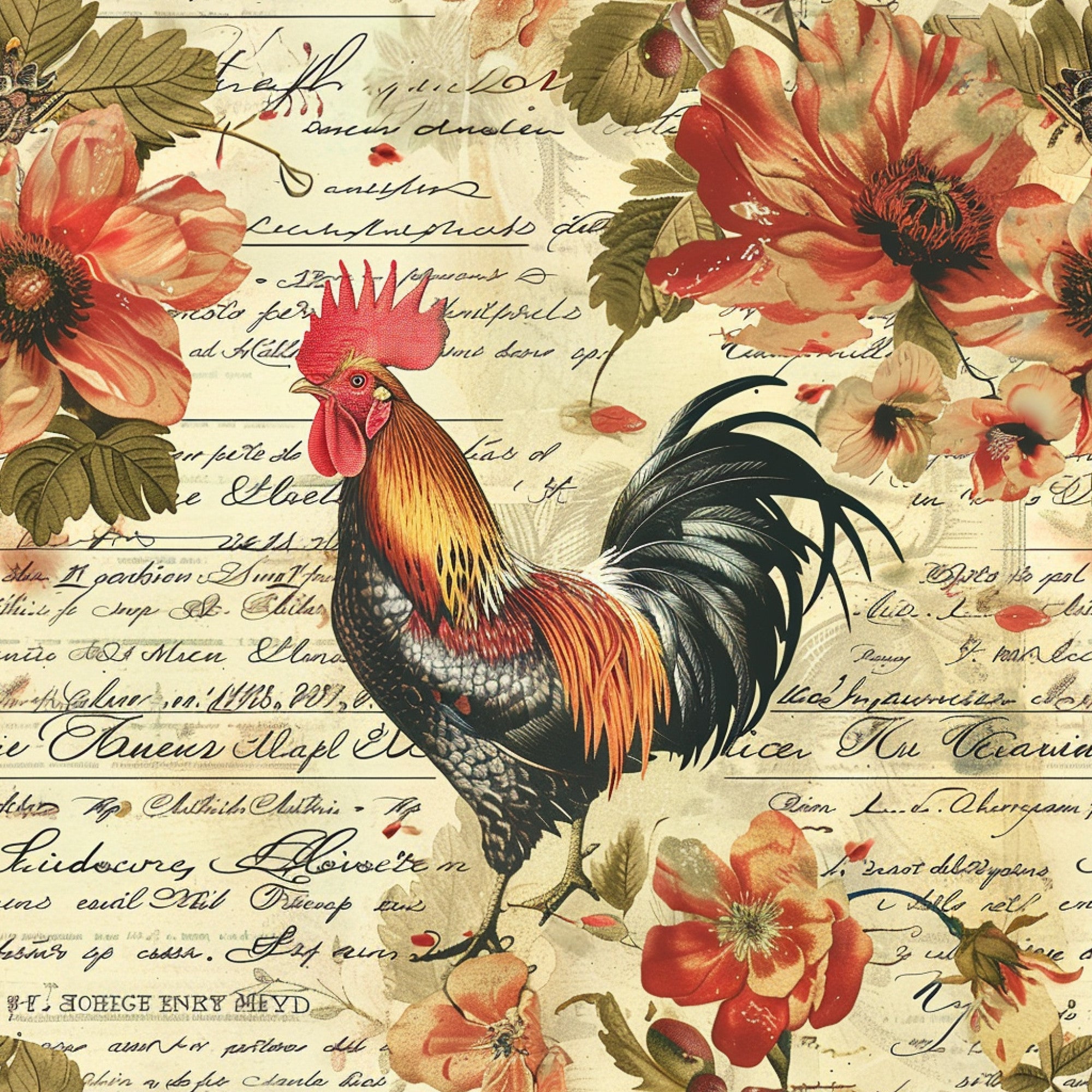 rooster, red flowers, coral blooms, green leaves, cream background, vintage script, handwritten text, farm animals, country style, botanical motifs,, fabric panel, rustic charm, floral design, farmhouse aesthetic, poppies, cursive writing, aged paper look, pastoral theme