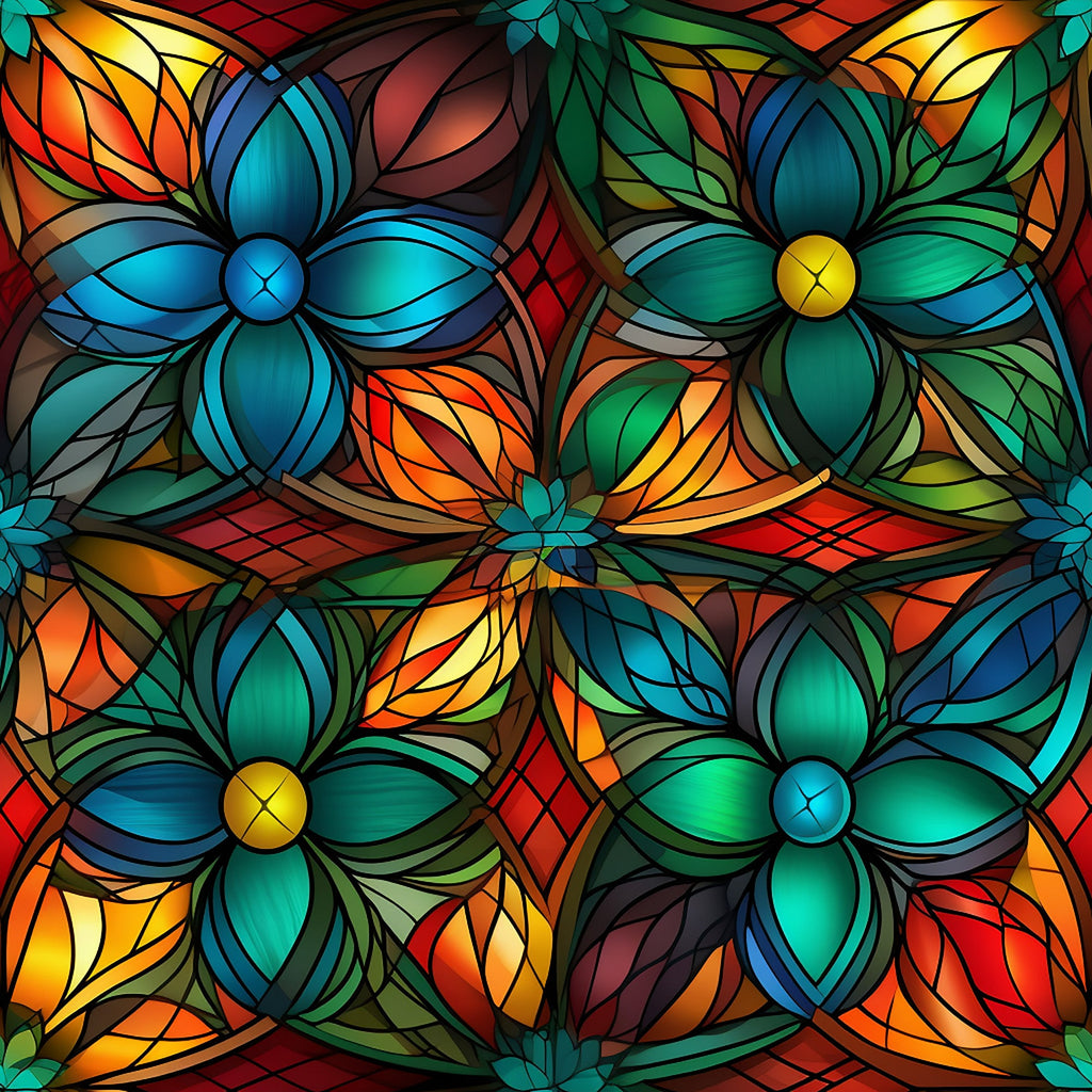stained glass, floral pattern, blue flowers, green petals, orange leaves, red accents, yellow centers, teal highlights, geometric design, kaleidoscope effect, mosaic style,, fabric panel, christmas themed, holiday pattern, decorative motifs, colorful design, symmetrical layout, botanical elements, leadlight style