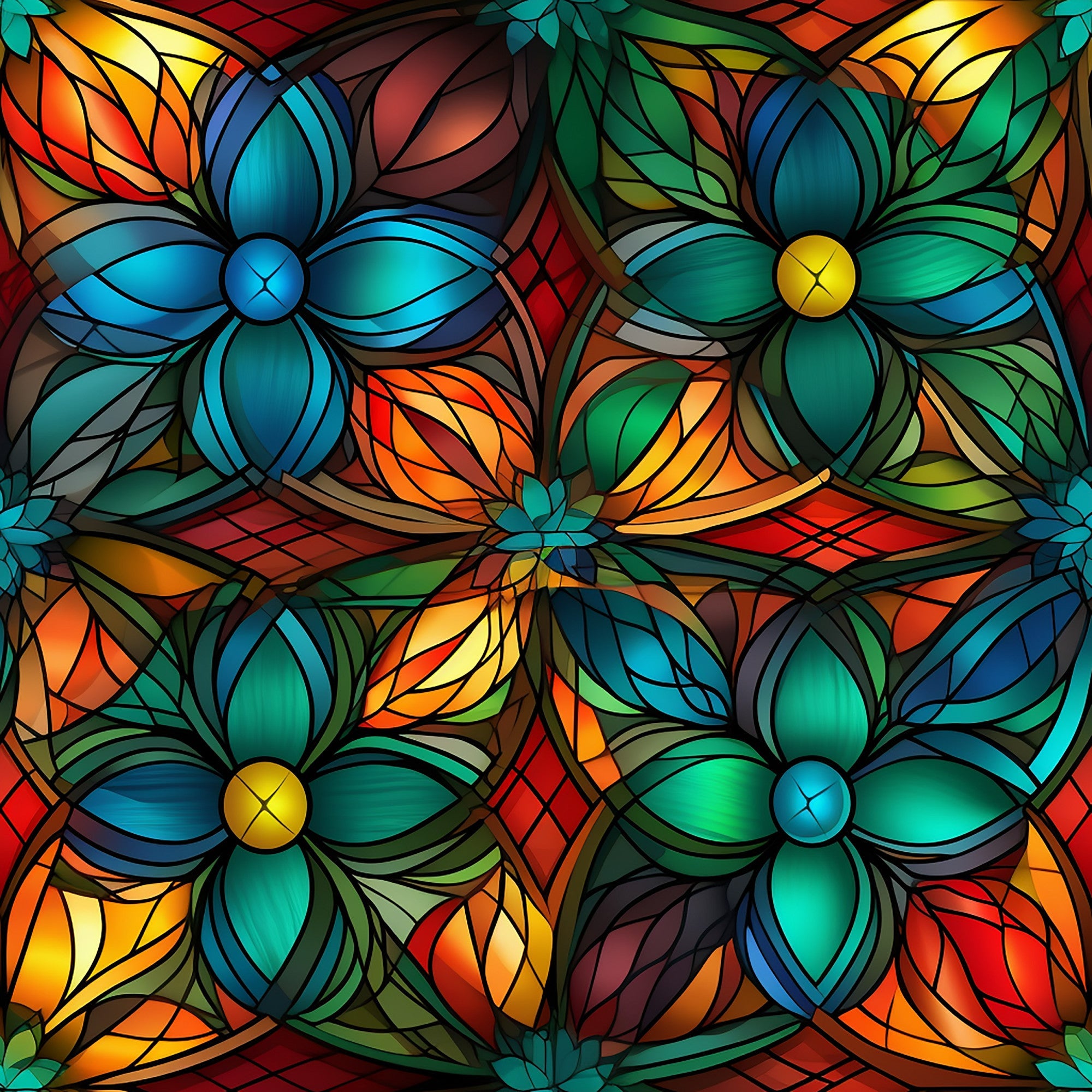 stained glass, floral pattern, blue flowers, green petals, orange leaves, red accents, yellow centers, teal highlights, geometric design, kaleidoscope effect, mosaic style,, fabric panel, christmas themed, holiday pattern, decorative motifs, colorful design, symmetrical layout, botanical elements, leadlight style