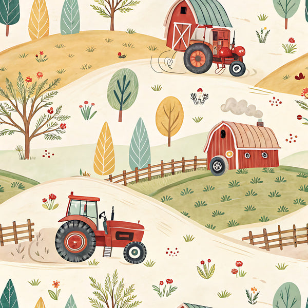 farm animals, red barn, tractors, pastoral, countryside, agricultural, nature, whimsical, rustic, farmhouse, barn scene, rolling hills, fence, trees, flowers, red, cream, sage green, golden yellow, warm neutrals, children's, kids room, playroom, nursery, toddler, baby, spring, summer, vintage farm, folk art