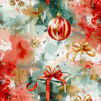 coral red, forest green, sage green, cream white, gold, dusty rose, watercolor, abstract, holiday, christmas, festive, elegant, whimsical, ornaments, gift boxes, snowflakes, bows, ribbons, stars, sparkle, winter, celebration, formal, sophisticated, luxury, metallic accents, watercolor splashes, dimensional, artistic