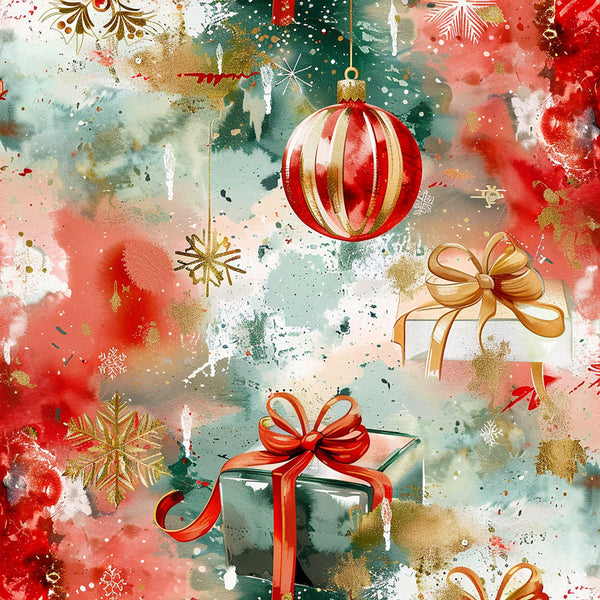 coral red, forest green, sage green, cream white, gold, dusty rose, watercolor, abstract, holiday, christmas, festive, elegant, whimsical, ornaments, gift boxes, snowflakes, bows, ribbons, stars, sparkle, winter, celebration, formal, sophisticated, luxury, metallic accents, watercolor splashes, dimensional, artistic