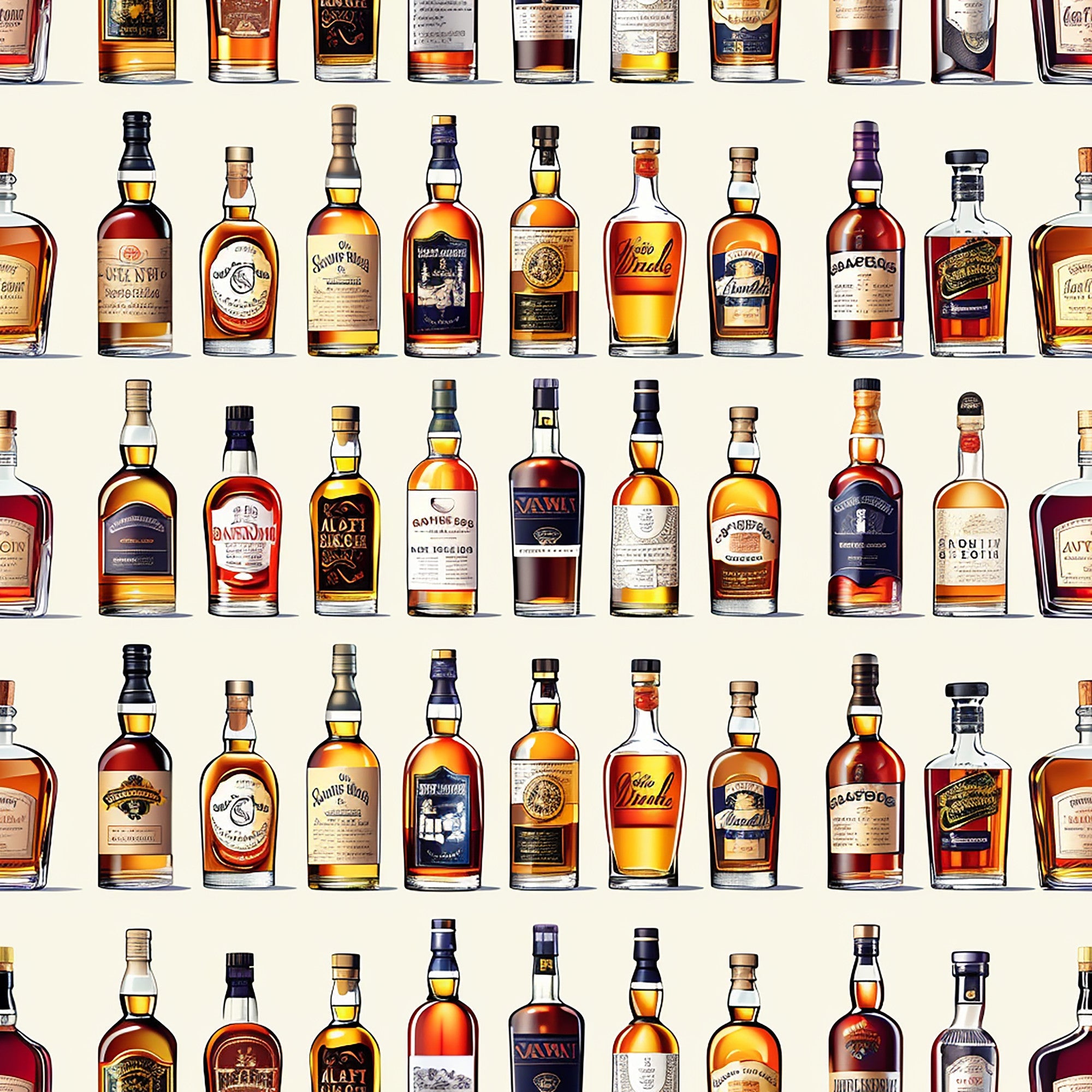 amber, golden brown, whiskey bottles, liquor bottles, repeating pattern, scottish theme, glass bottles, warm tones, caramel colors, honey hues, distillery motif, alcohol themed, bottle collection,, fabric panel, beverage pattern, spirits design, rows arrangement, earth tones, vintage bottles