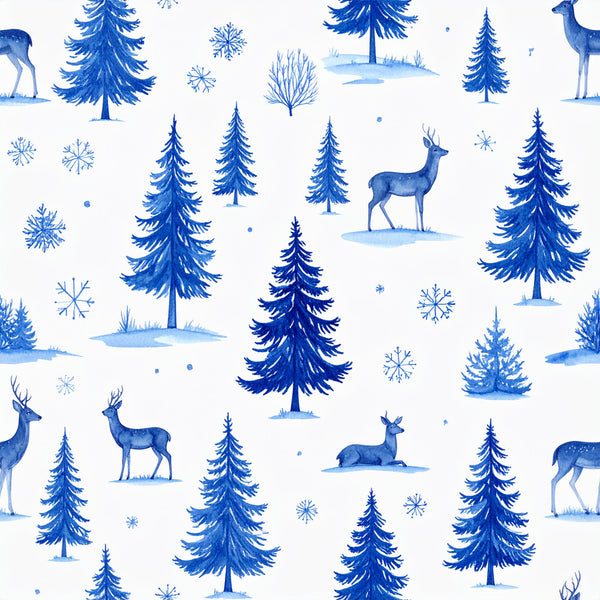 royal blue, white, winter, snow, evergreen trees, pine trees, forest, deer, reindeer, snowflakes, woodland animals, nature, holiday, christmas, winter wonderland, whimsical, traditional, festive, snowy landscape, forest scene, wildlife, celestial-inspired, nursery, kids room, playroom, baby shower, winter forest, blue and white, elegant, seasonal