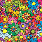 rainbow colors, hippie flowers, psychedelic pattern, bright florals, retro style, groovy design, multicolored blooms, vibrant petals, flower power, bohemian motif,, fabric panel, pink flowers, blue blossoms, yellow centers, green leaves, purple flowers, orange petals, densely packed, whimsical floral