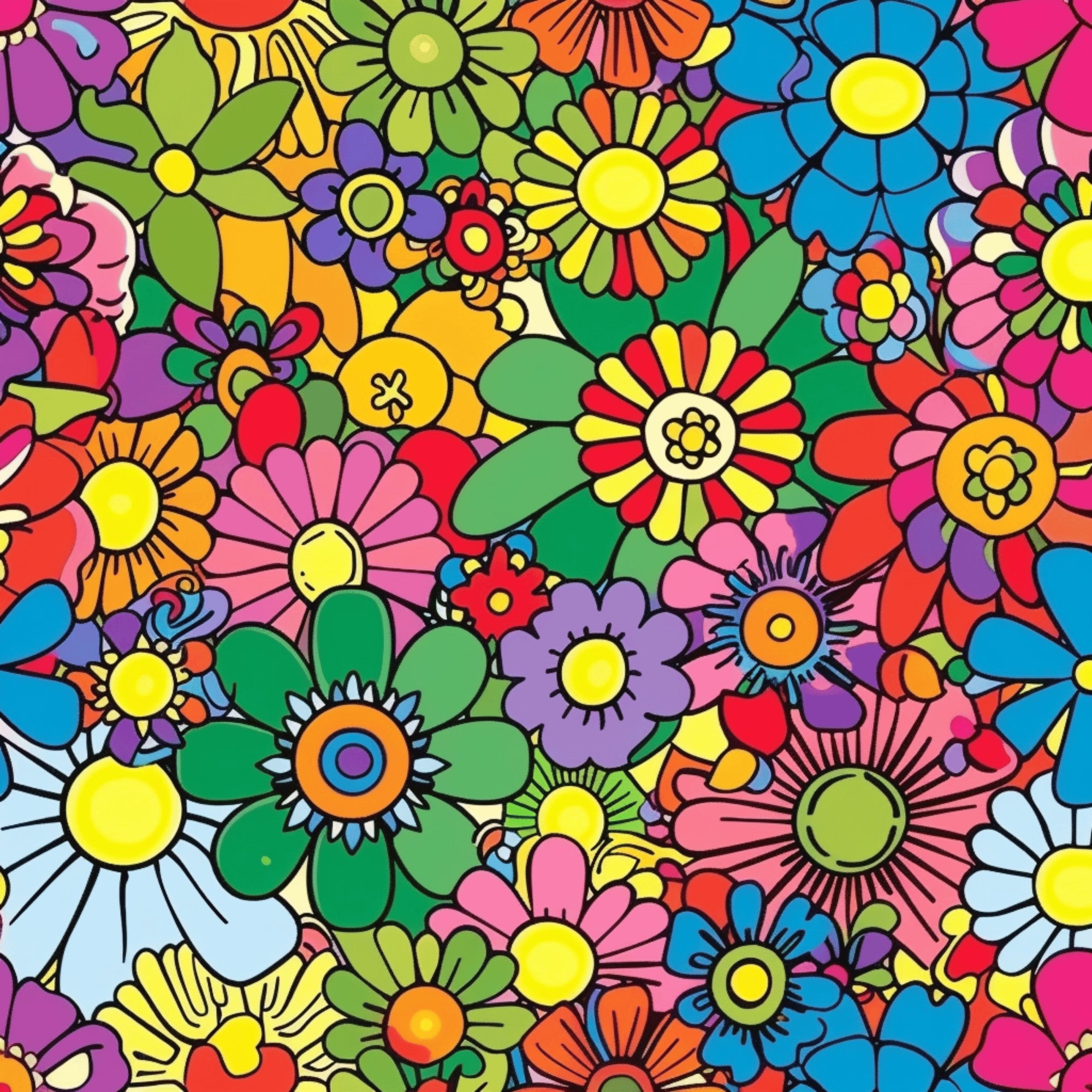 rainbow colors, hippie flowers, psychedelic pattern, bright florals, retro style, groovy design, multicolored blooms, vibrant petals, flower power, bohemian motif,, fabric panel, pink flowers, blue blossoms, yellow centers, green leaves, purple flowers, orange petals, densely packed, whimsical floral