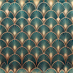 art deco, geometric pattern, fan motif, teal green, gold accents, copper highlights, shell design, repeating pattern, vintage style, luxurious, elegant,, fabric panel, radiating lines, scalloped shapes, metallic tones, decorative motif, 1920s inspired, ornamental design, peacock feathers