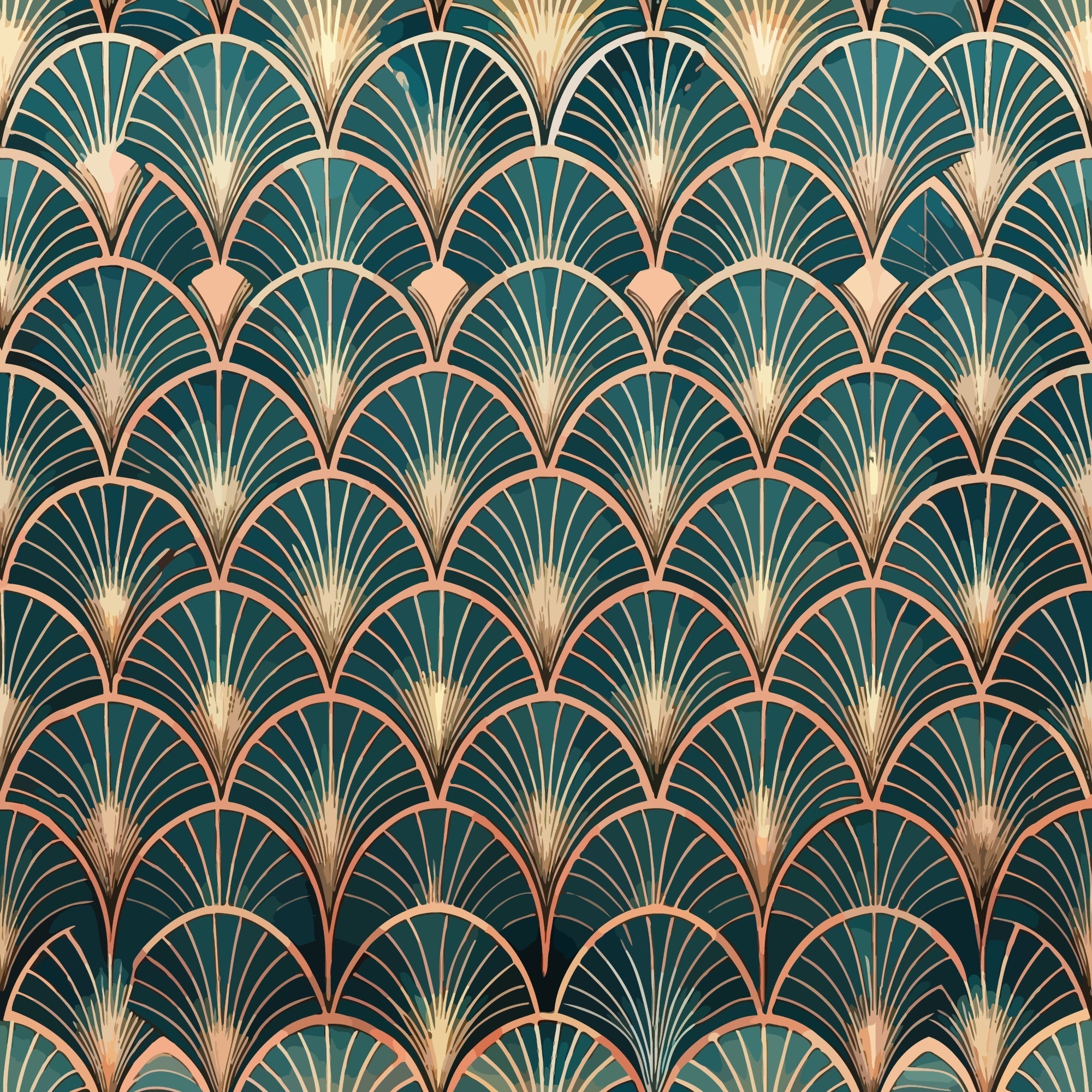 art deco, geometric pattern, fan motif, teal green, gold accents, copper highlights, shell design, repeating pattern, vintage style, luxurious, elegant,, fabric panel, radiating lines, scalloped shapes, metallic tones, decorative motif, 1920s inspired, ornamental design, peacock feathers